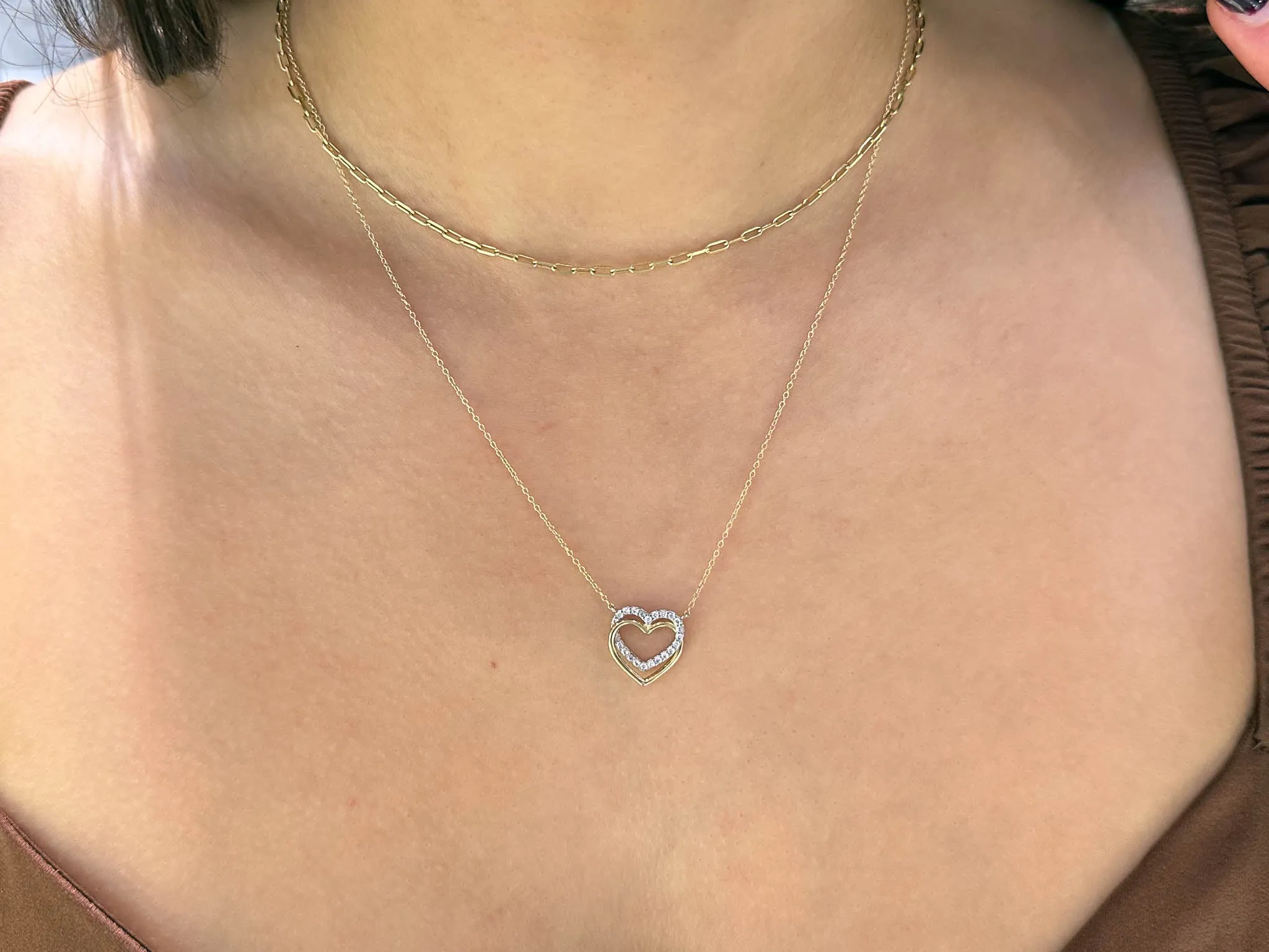 10k Two Toned Double CZ Heart Necklace