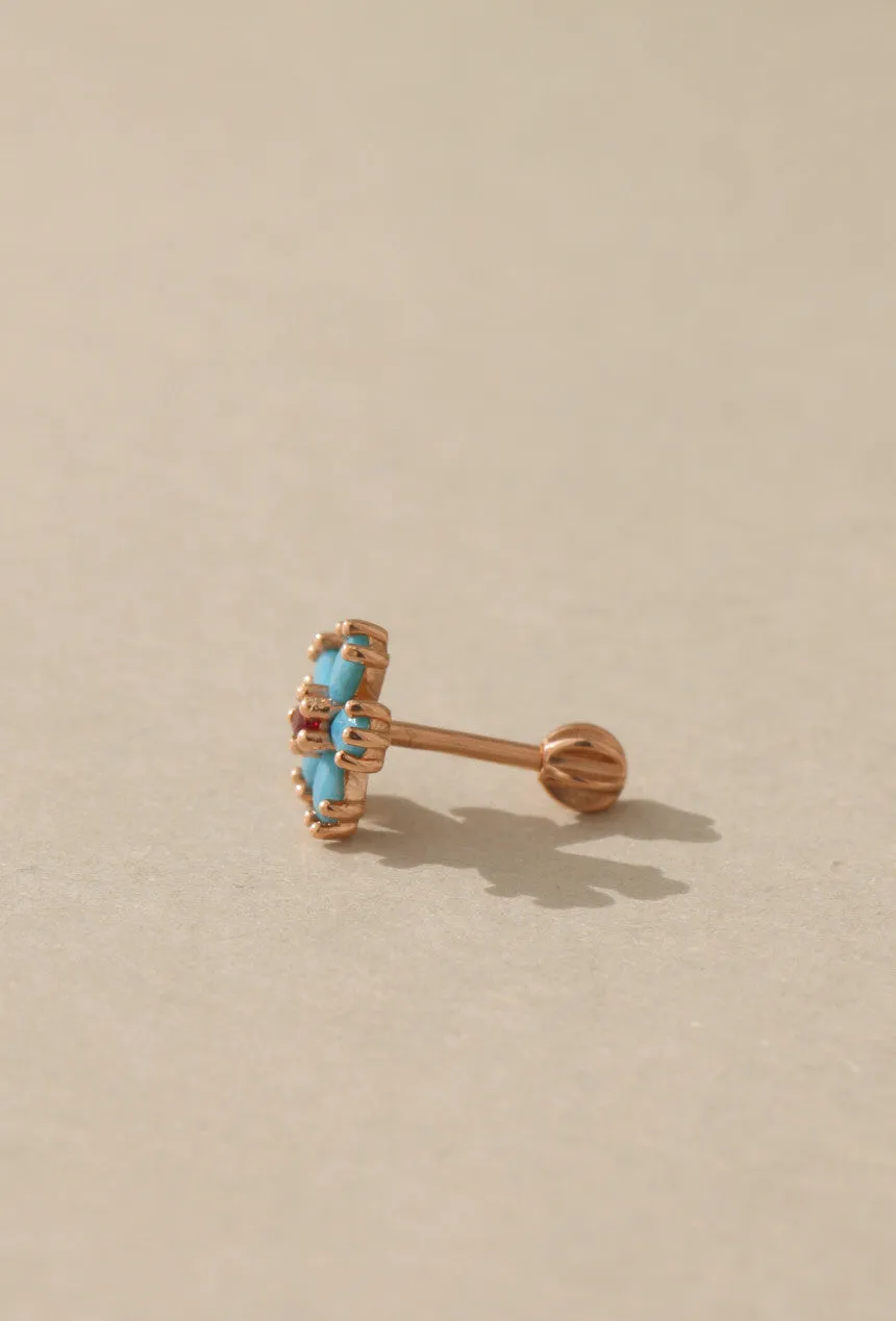 14K 18K Solid Gold Turquoise Ruby Cz Flower Ear Stud Cartilage Tragus Helix Barbell Piercing