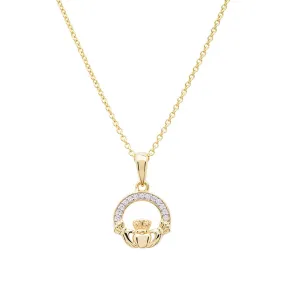14KT Gold Vermeil Claddagh Necklace Studded with White Cubic Zirconias