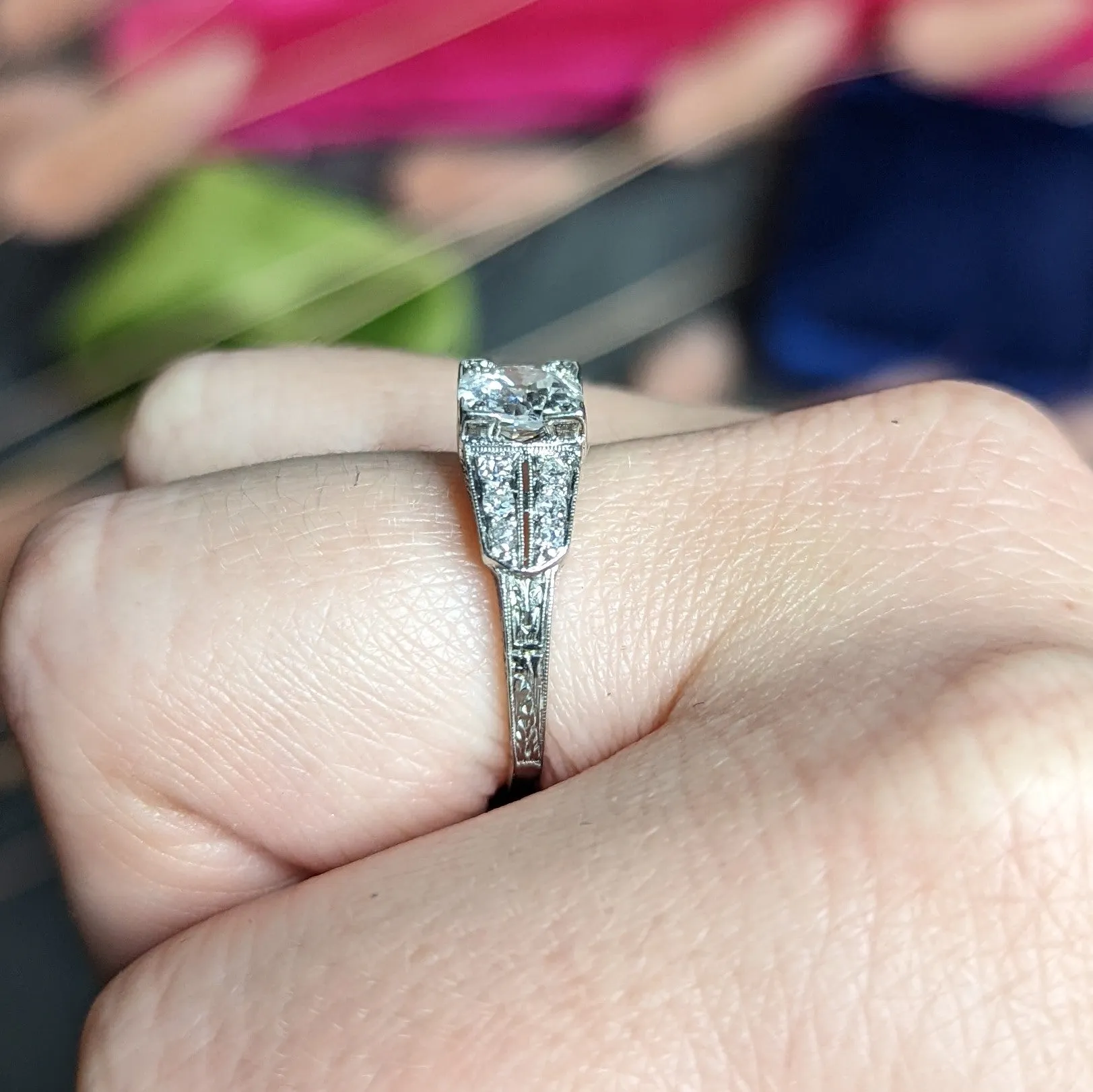 Art Deco 1.14 CTW Old European Diamond Platinum Foliate Engagement Ring GIA