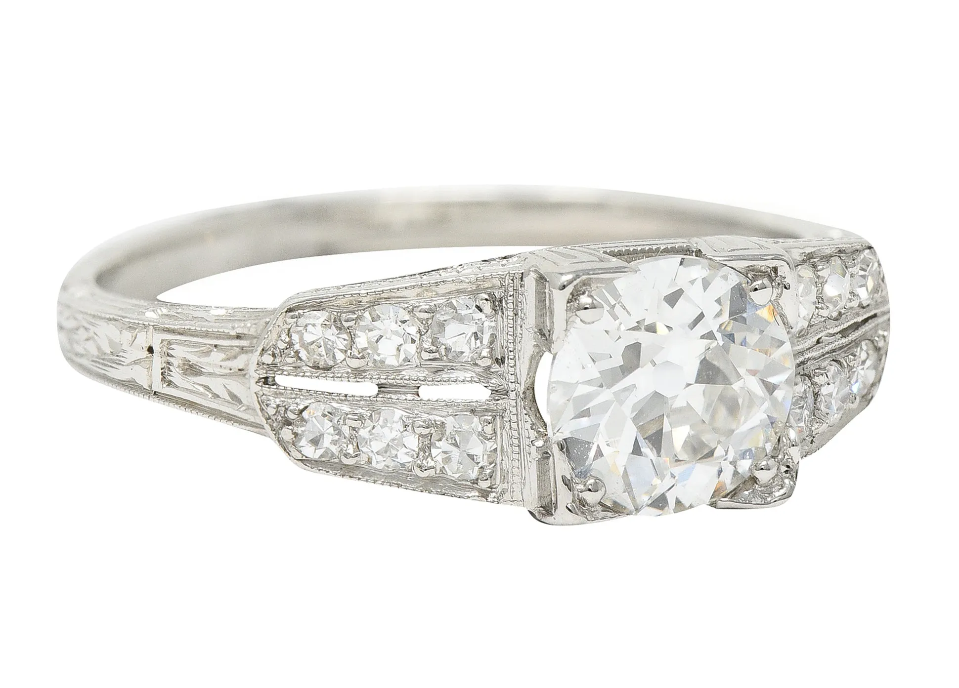 Art Deco 1.14 CTW Old European Diamond Platinum Foliate Engagement Ring GIA