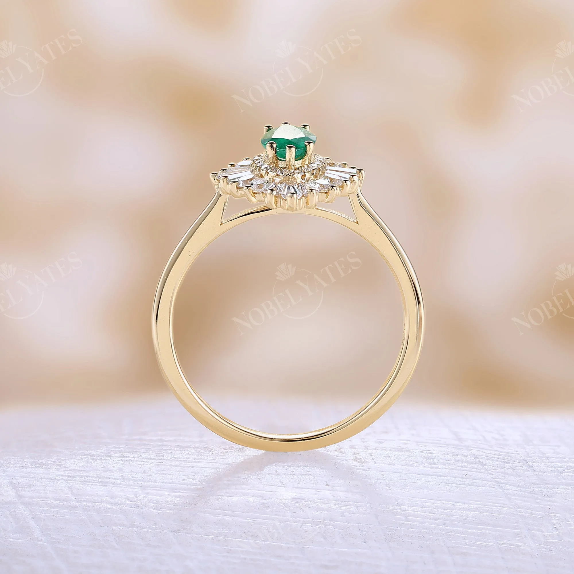 Art Deco Marquise Cut Lab Emerald Halo Engagement Ring Yellow Gold