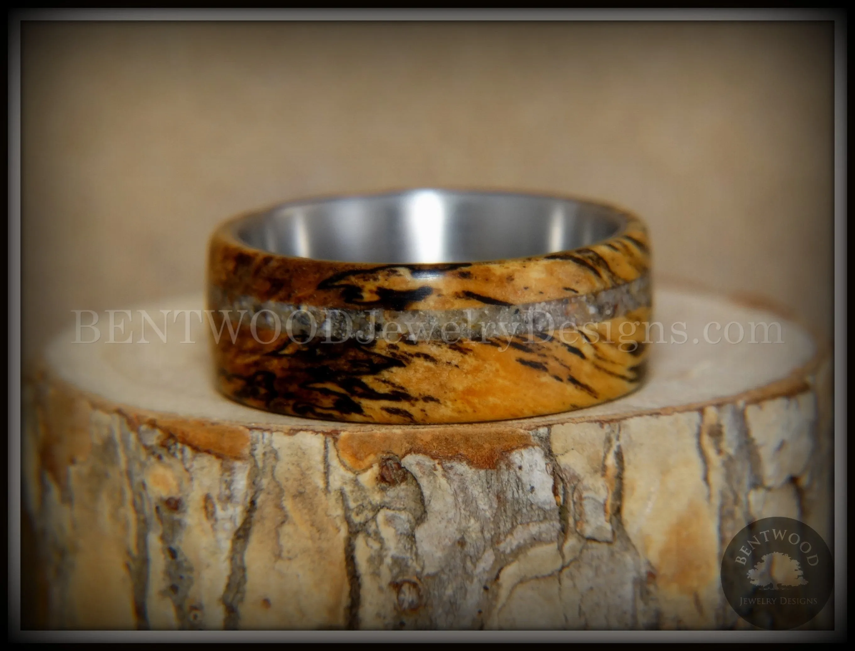 Bentwood Ring - Spalted Live Oak Beach Sand Inlay Stainless Steel Core