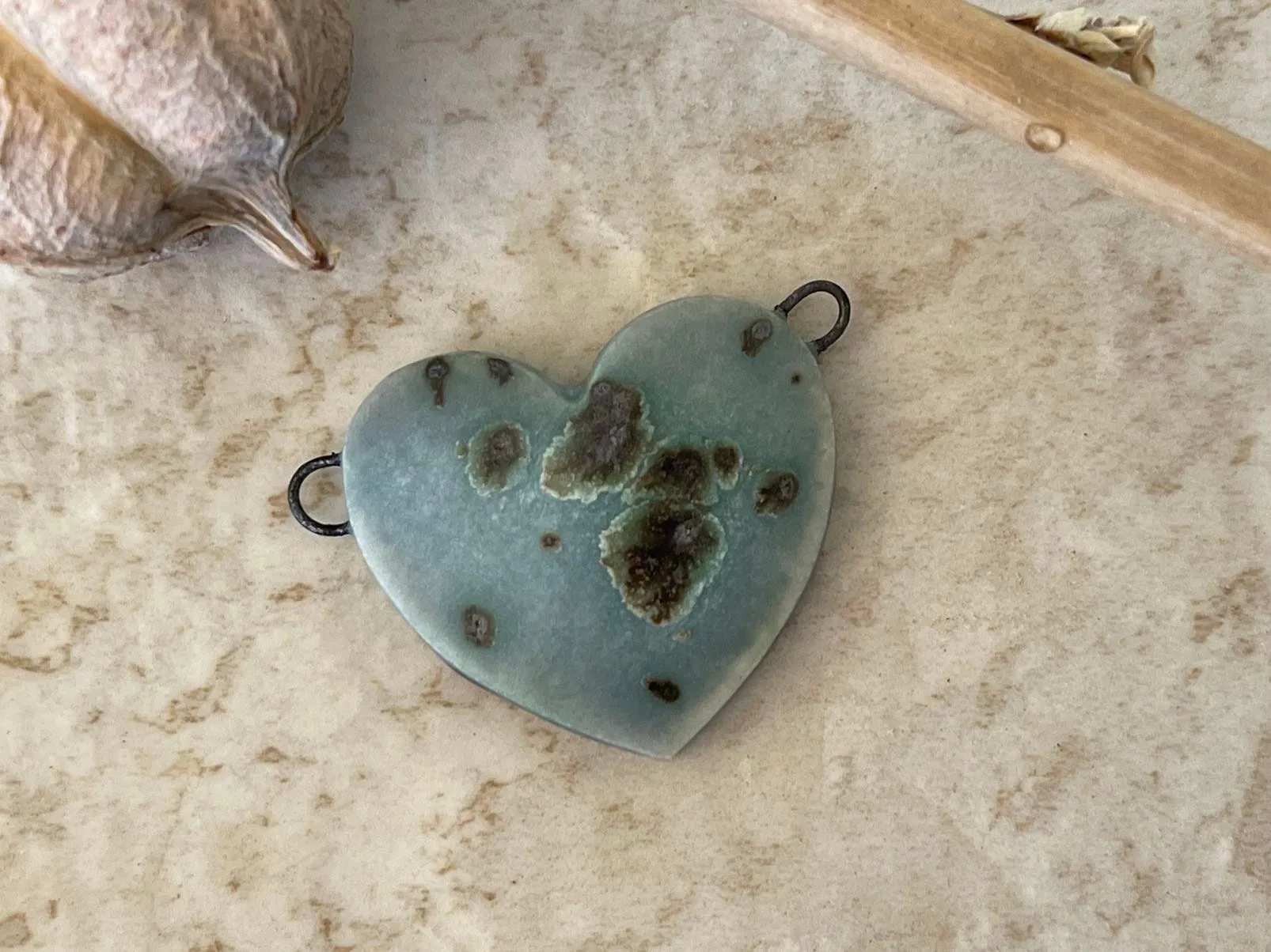 Blue Grey Heart with Dark Flecks, Double Wire Heart Pendant, Porcelain Ceramic Pendant, Artisan Pendant, Jewelry Making Componen