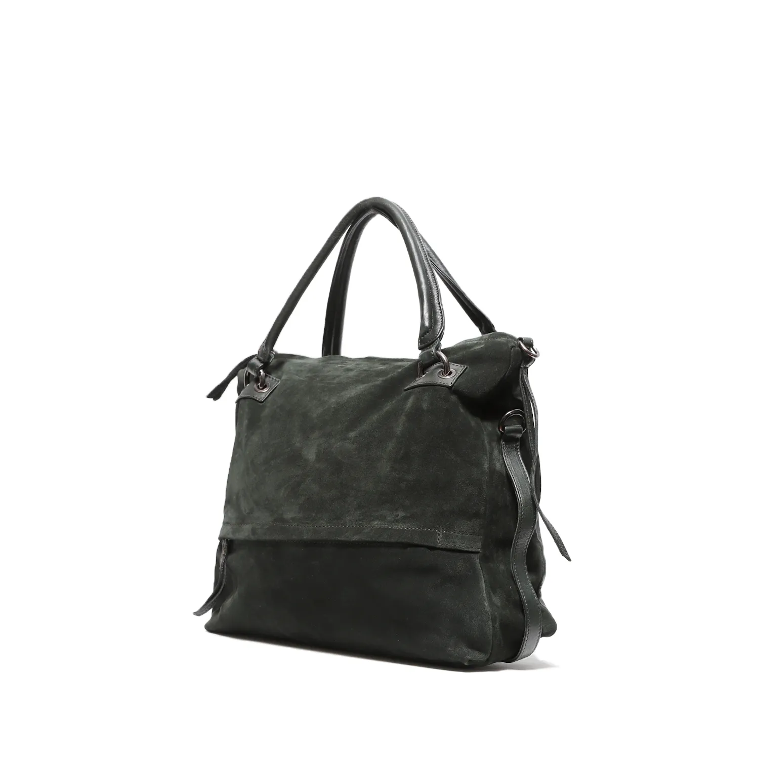 Borsa a due manici in nappa e camoscio verde bottiglia