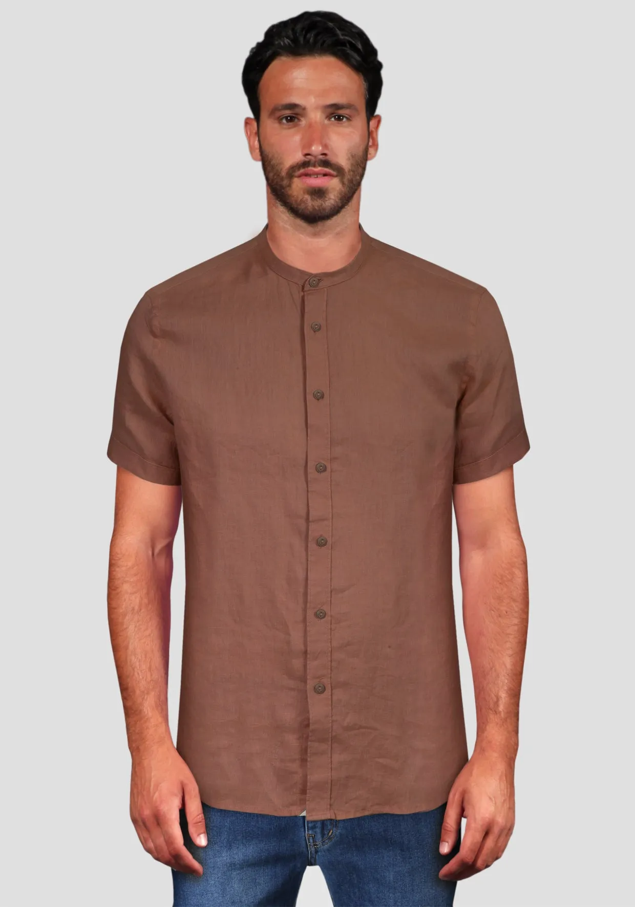 Camicia di Lino Coreana Mezza Manica - Tabacco