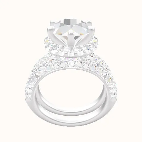 Cathedral Three Row Pave Engagement Ring With Six Prong Halo Head and Matching Band