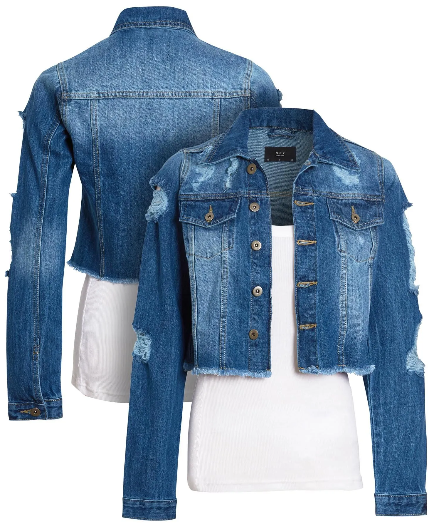 Distressed Cropped Denim Jacket, Mid Blue, UK Sizes 8 to 14