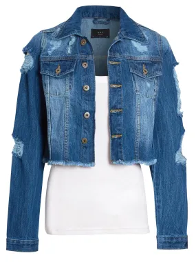 Distressed Cropped Denim Jacket, Mid Blue, UK Sizes 8 to 14