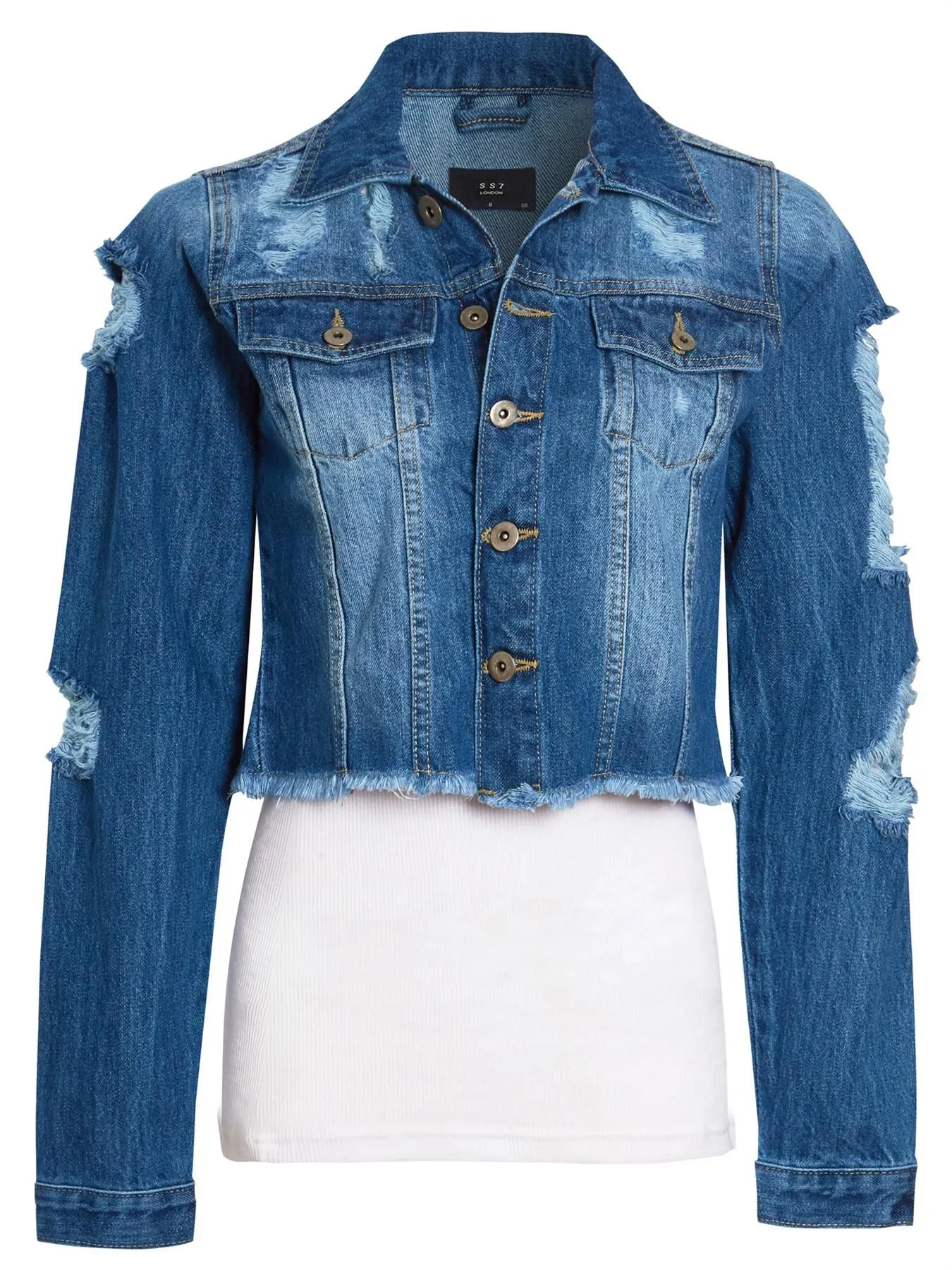 Distressed Cropped Denim Jacket, Mid Blue, UK Sizes 8 to 14