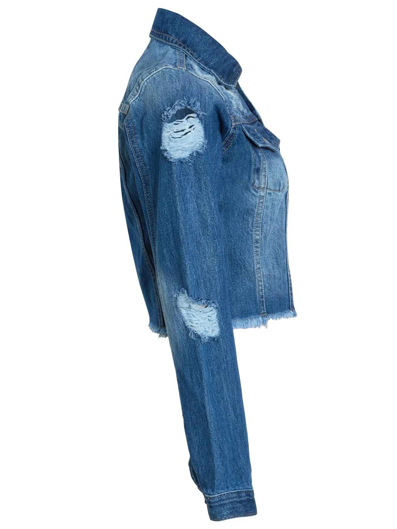 Distressed Cropped Denim Jacket, Mid Blue, UK Sizes 8 to 14