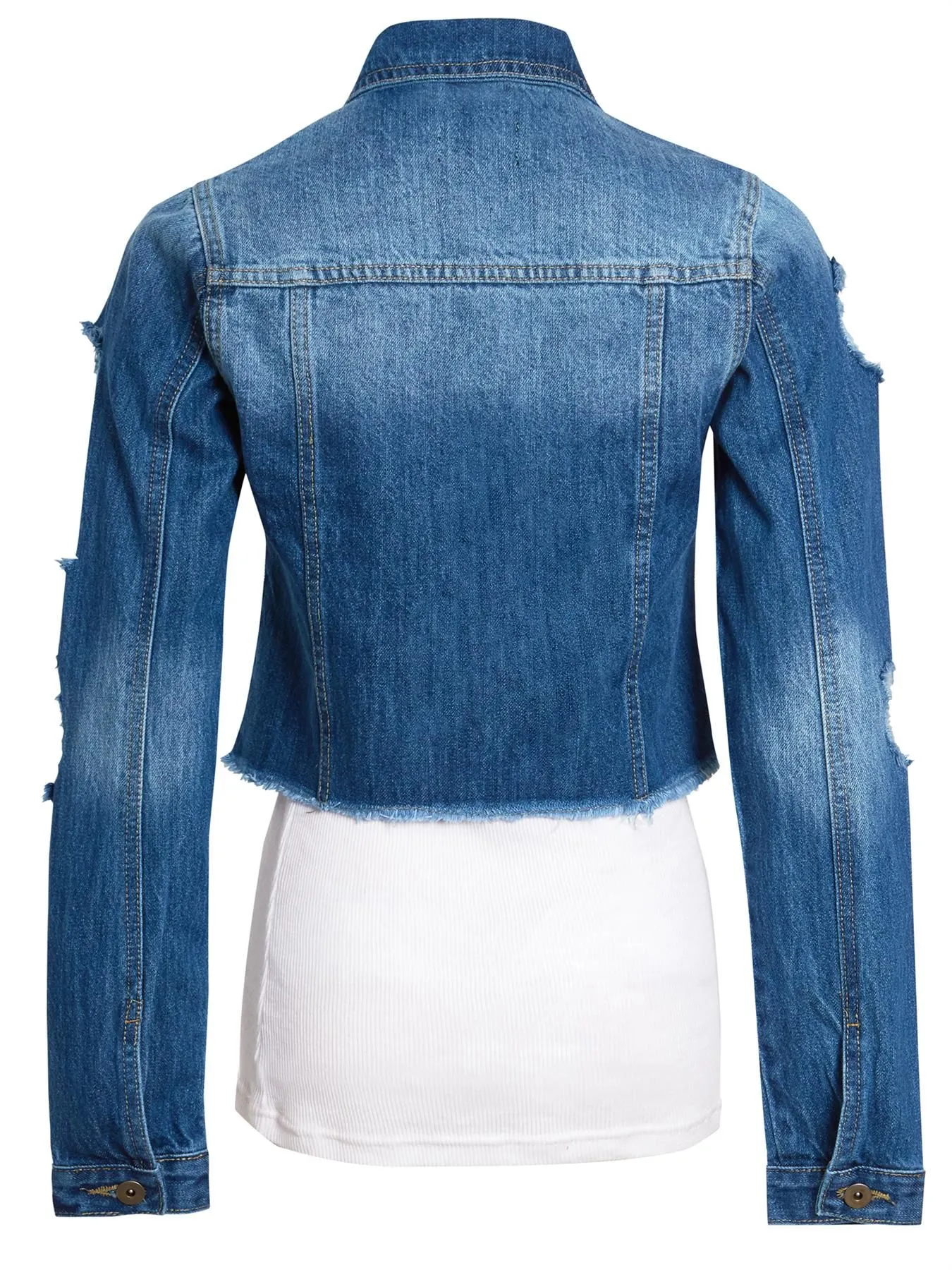 Distressed Cropped Denim Jacket, Mid Blue, UK Sizes 8 to 14