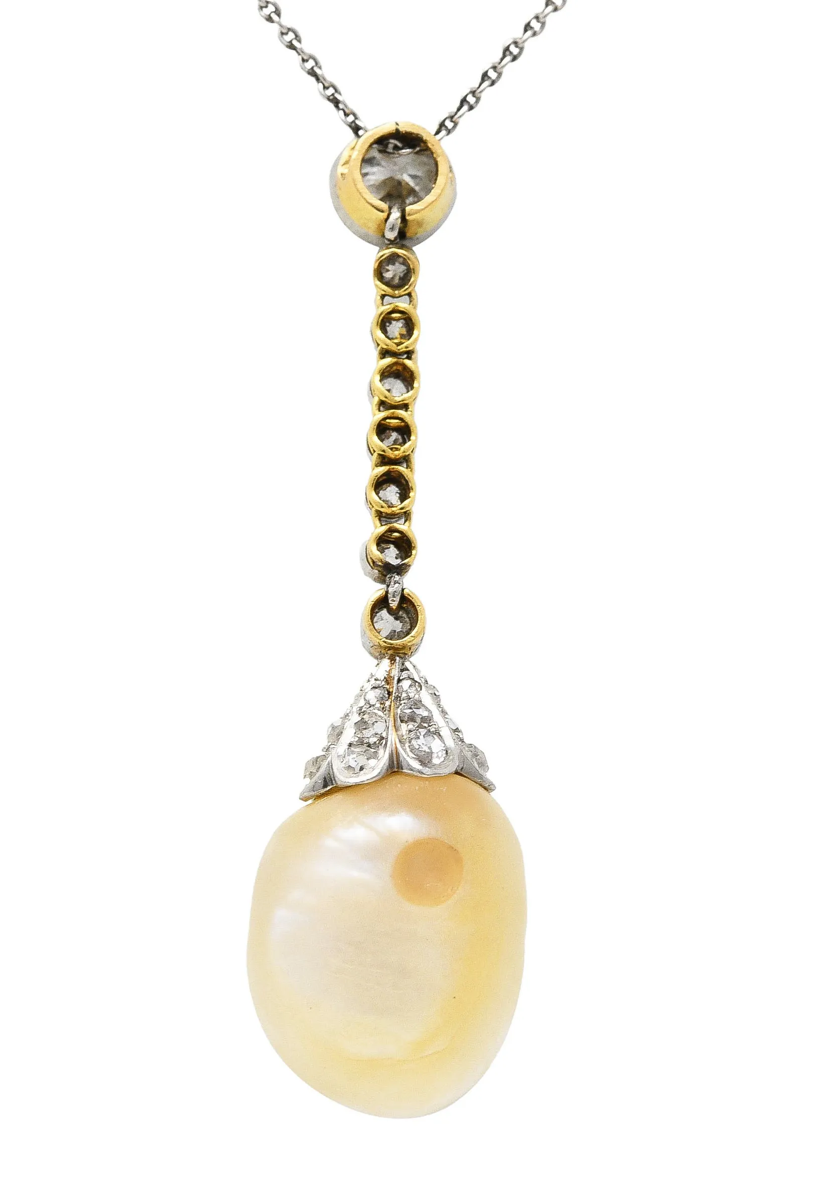 Edwardian Old European Cut Diamond Baroque Pearl Platinum-Topped 18 Karat Yellow Gold Antique Pendant Drop Necklace