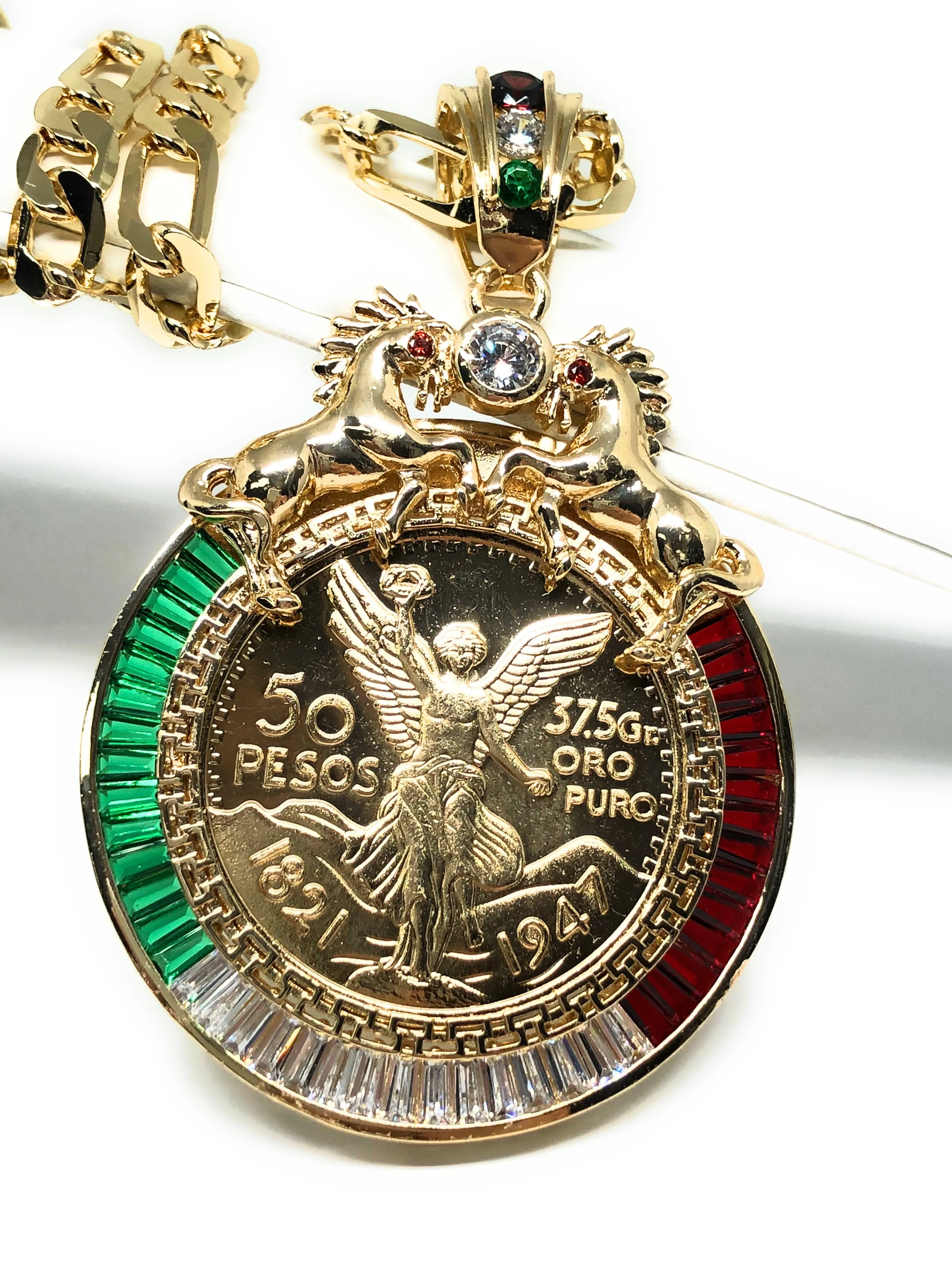 Gold Plated Coin Centenario Mexicano Moneda 50 Pesos Pendant Chain CZ Oro Cadena 26