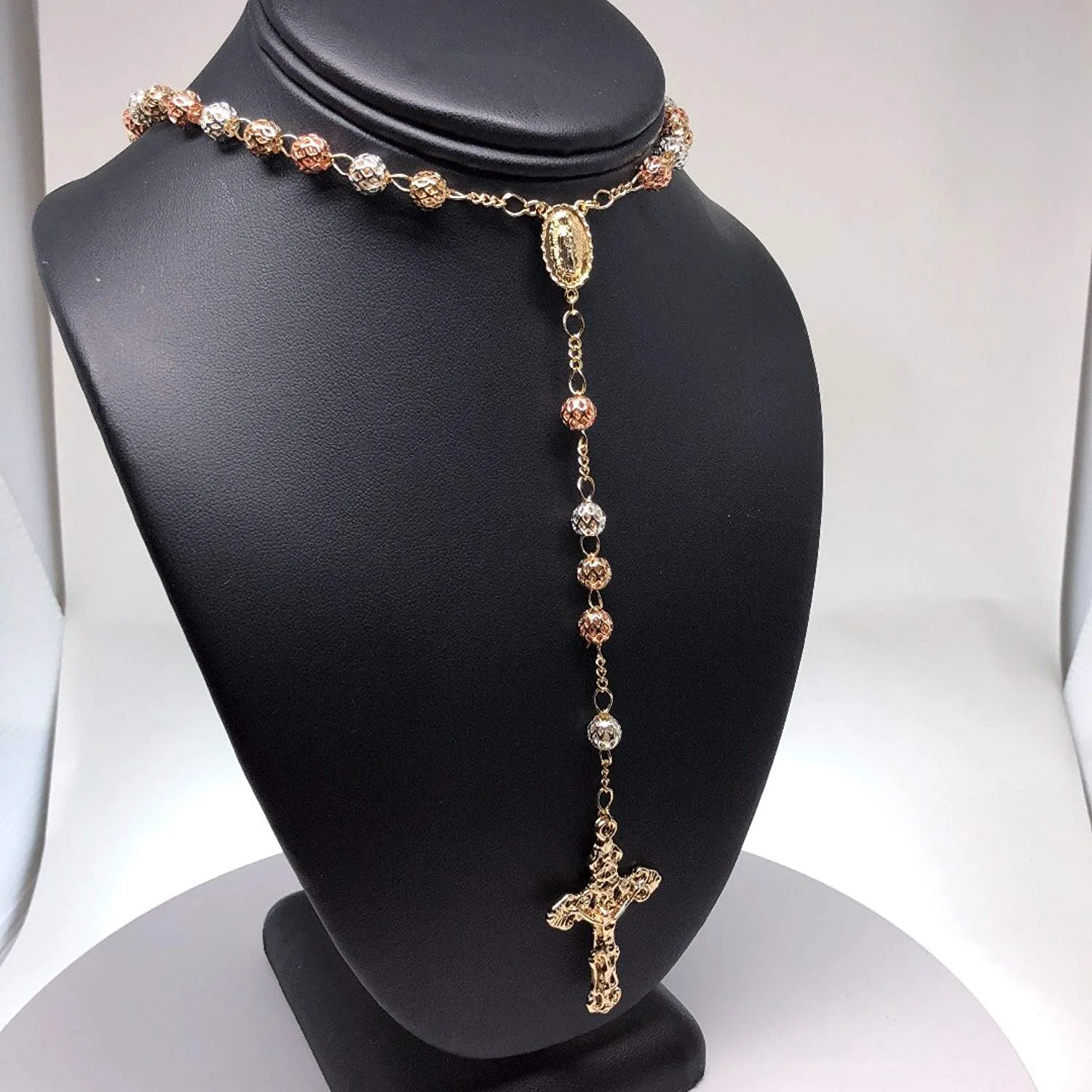 Gold Plated Tri-Color Virgin Mary Rosary Necklace Virgen de Guadalupe Rosario Crucifijo Oro Tres Colores 26