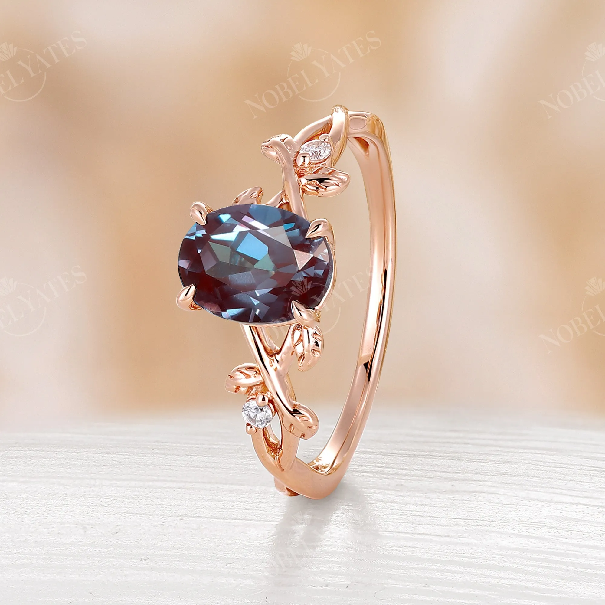 Oval Lab Alexandrite Leaf Design Engagement Ring Rose Gold