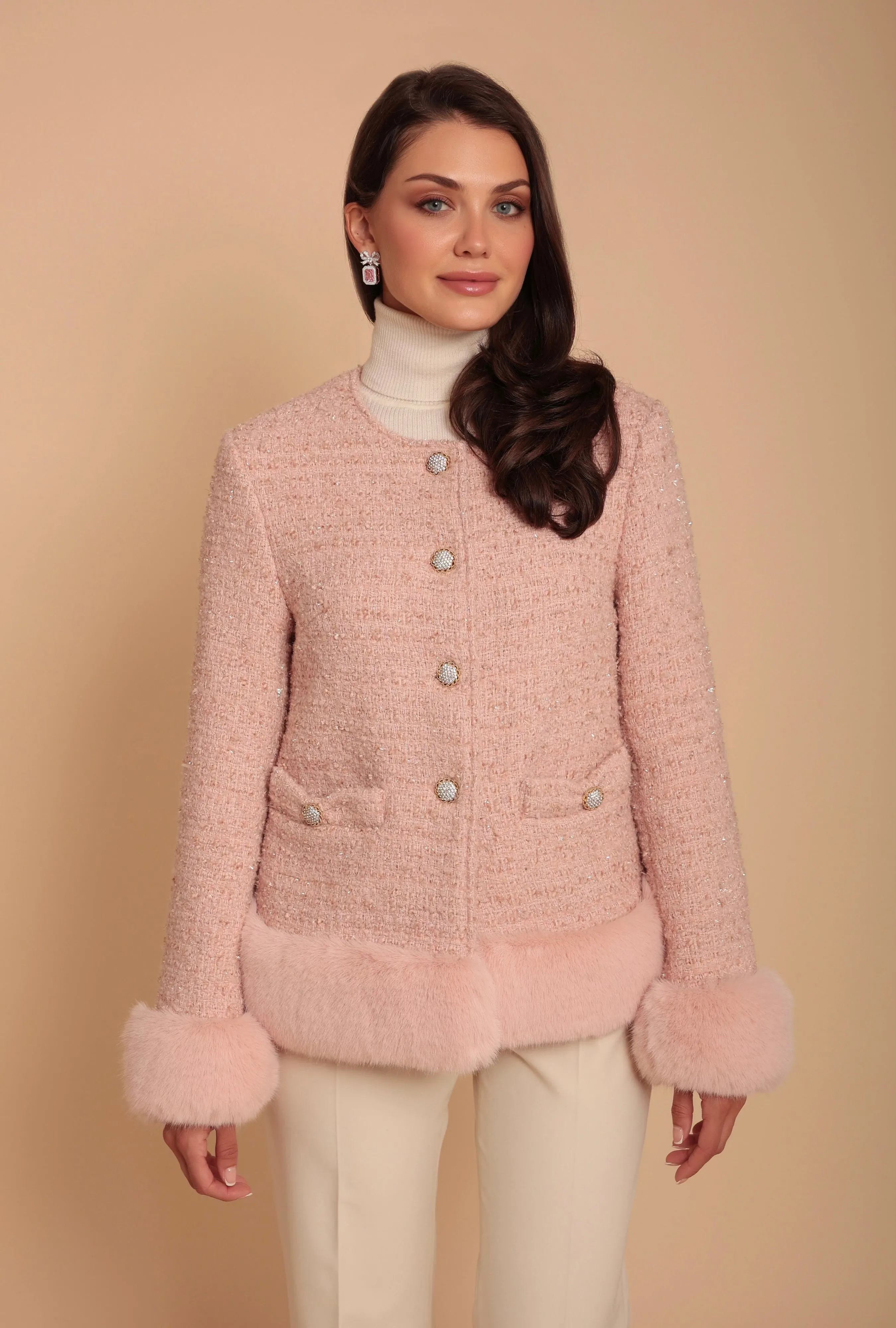 'Parisienne' Wool Tweed Blazer Coat with Faux Fur in Rosa