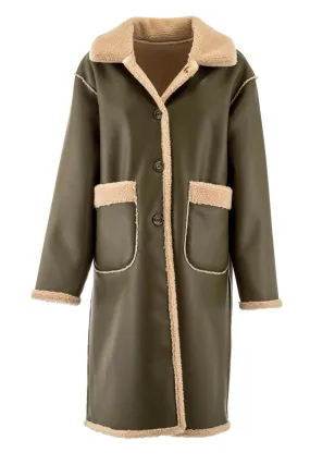 Reversible Faux Leather Teddy Lined Coat in Military