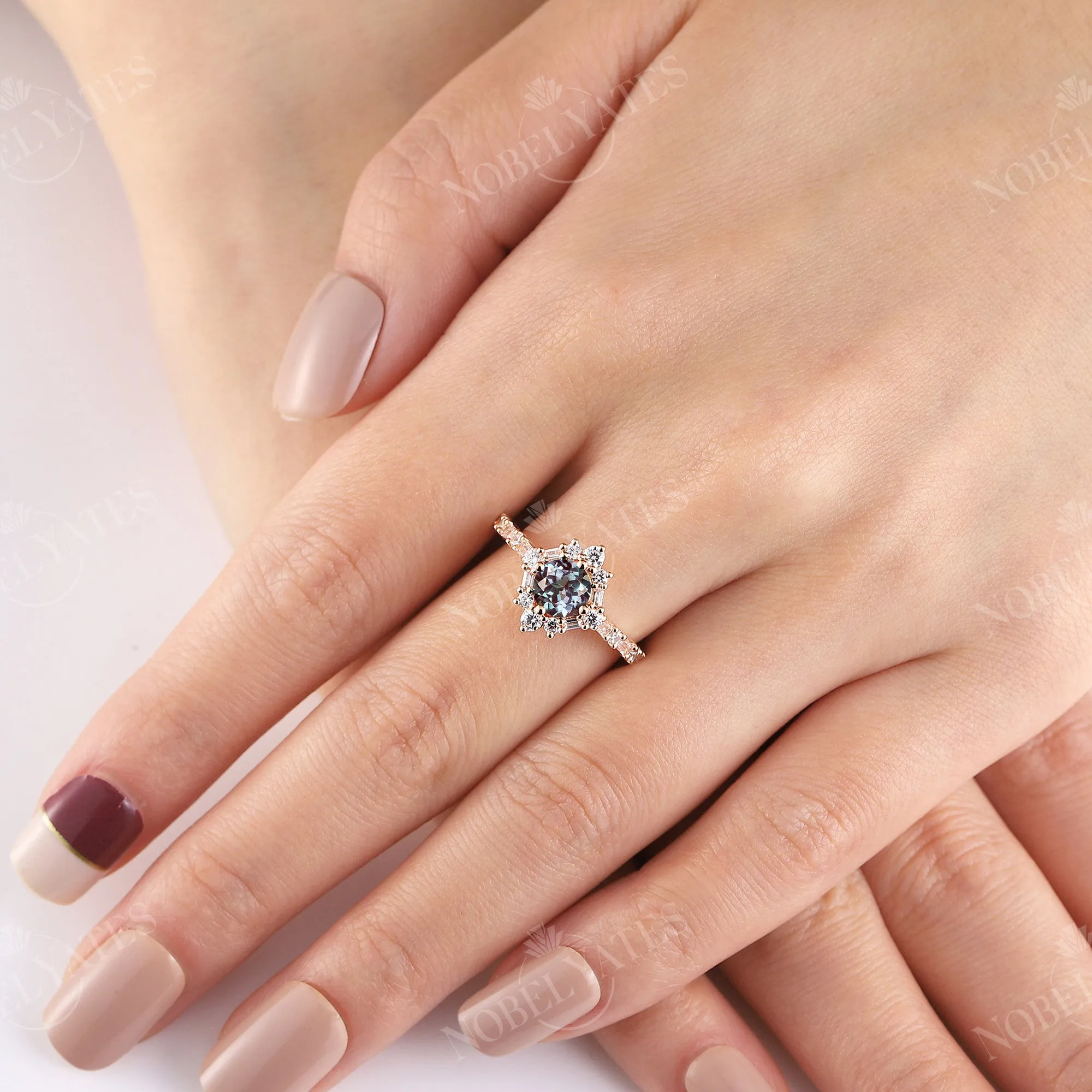 Round Cut Lab Alexandrite Rose Gold Halo Engagement Ring Art Deco