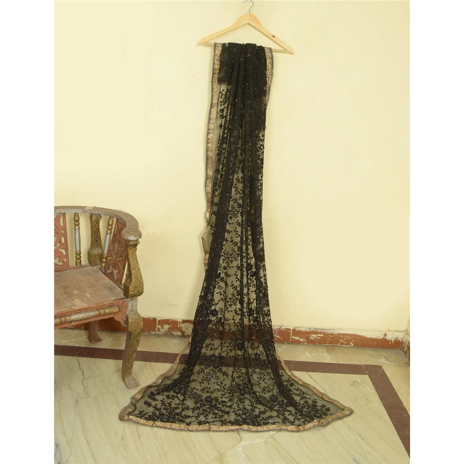 Sanskriti Vintage Black Long Dupatta Stole Net Mesh Veil Hand Beaded Scarves