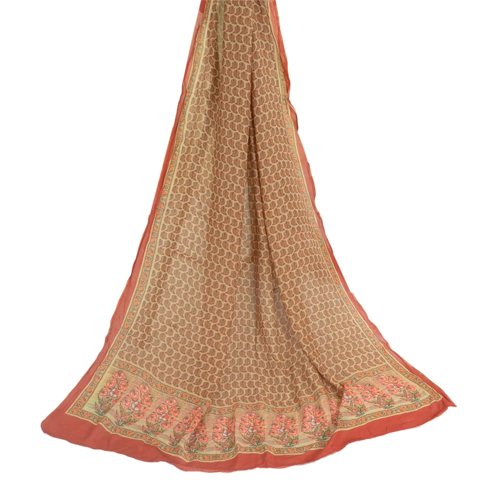 Sanskriti Vintage Cream Long Dupatta Stole Cotton Silk Digital Printed Scarves