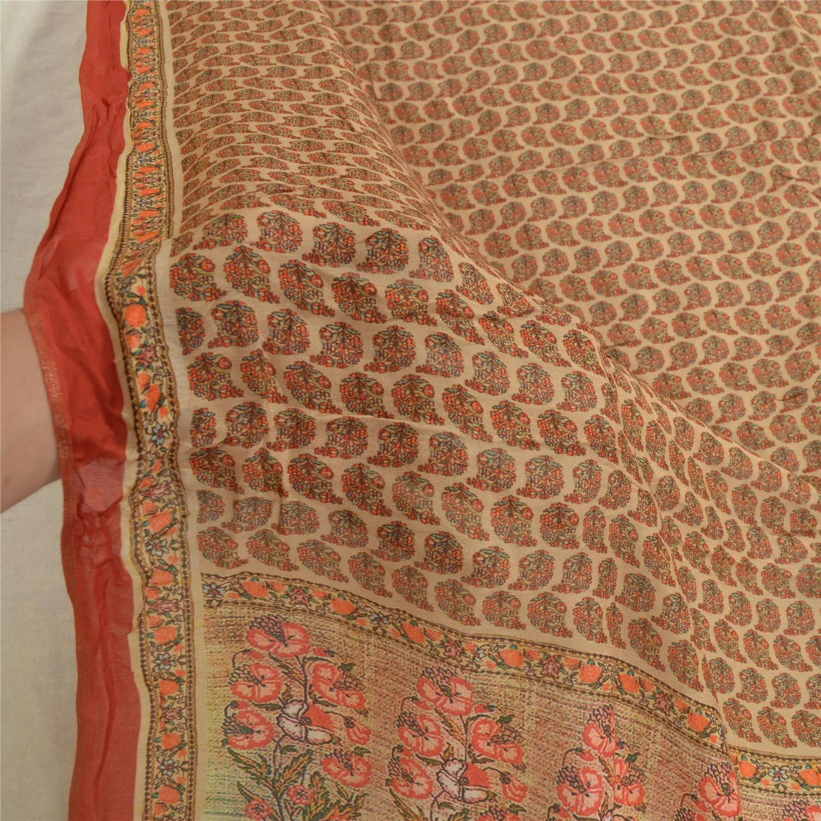 Sanskriti Vintage Cream Long Dupatta Stole Cotton Silk Digital Printed Scarves