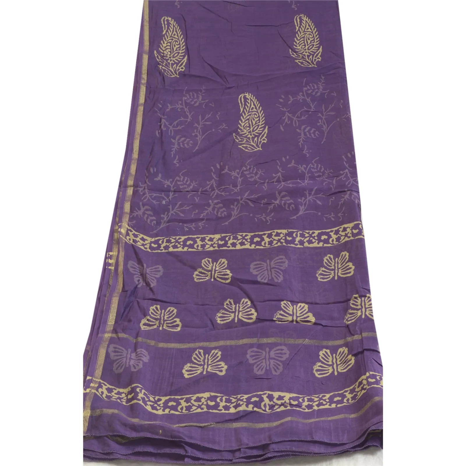 Sanskriti Vintage Long Dupatta Stole Cotton Silk Purple Block Printed Scarves