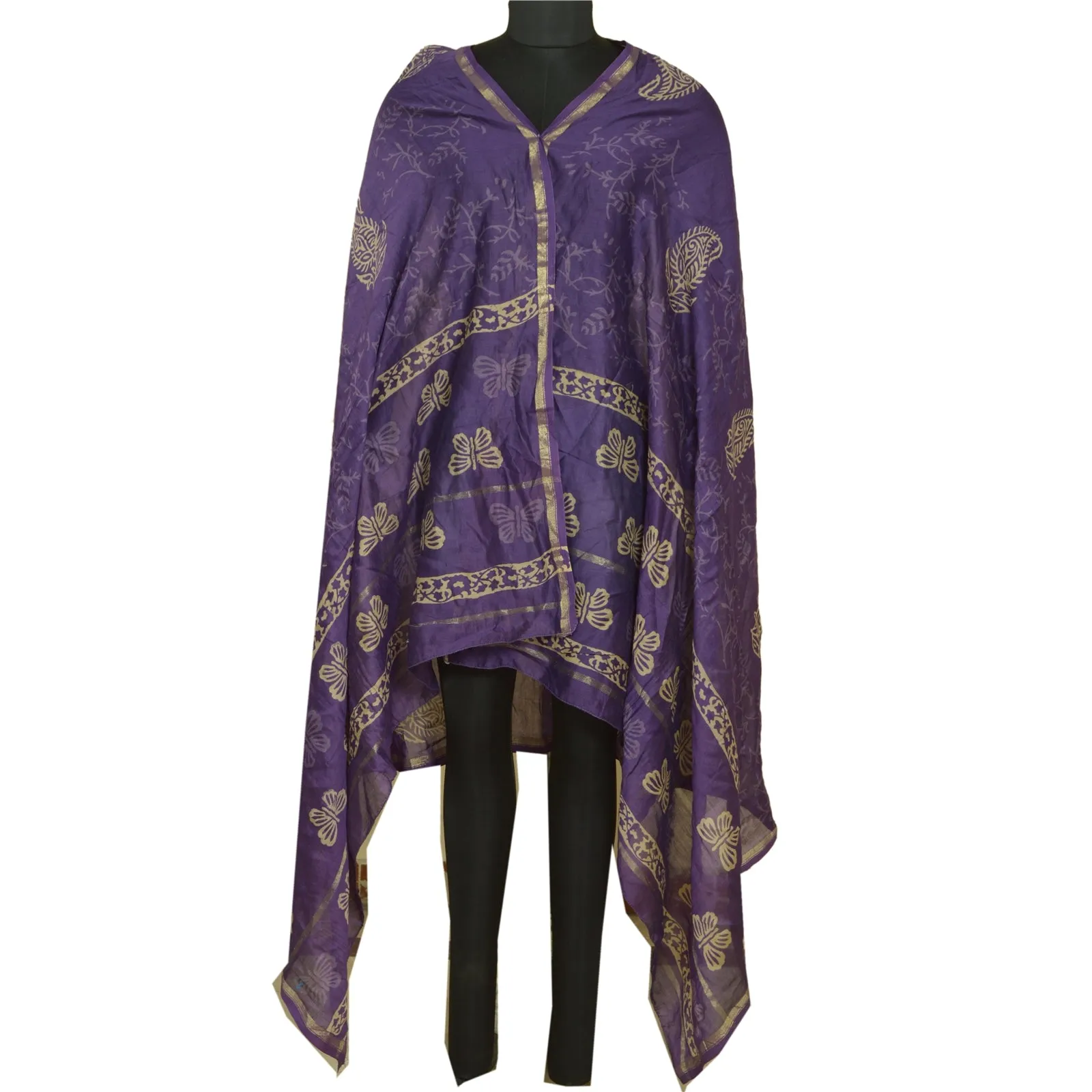 Sanskriti Vintage Long Dupatta Stole Cotton Silk Purple Block Printed Scarves