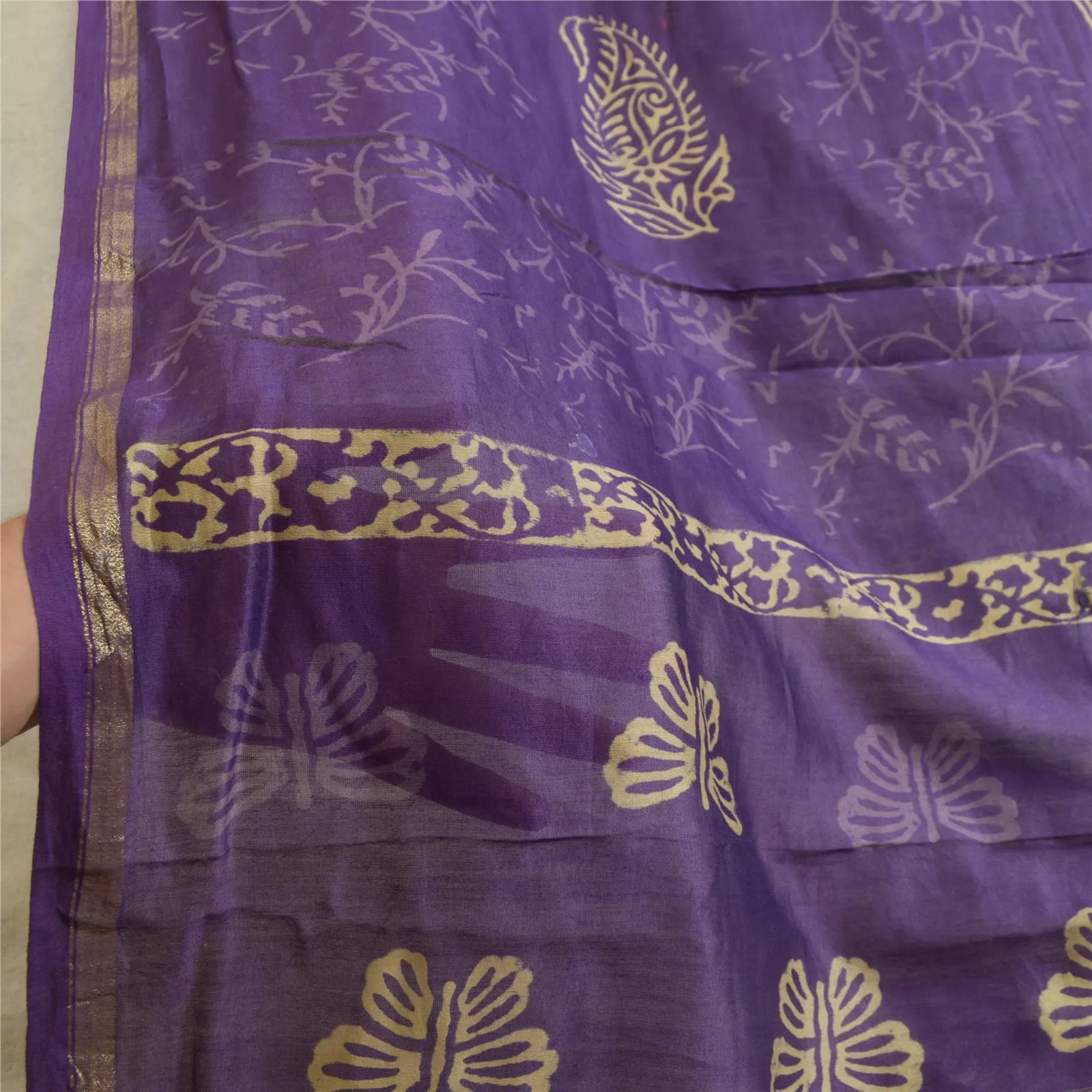 Sanskriti Vintage Long Dupatta Stole Cotton Silk Purple Block Printed Scarves