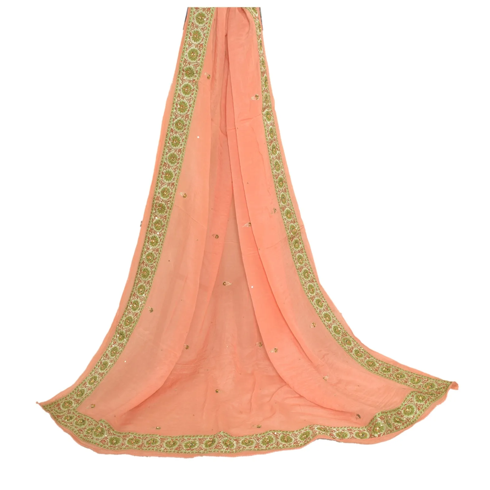 Sanskriti Vintage Long Dupatta Stole Pure Silk Peach Hand Beaded Wrap Scarves