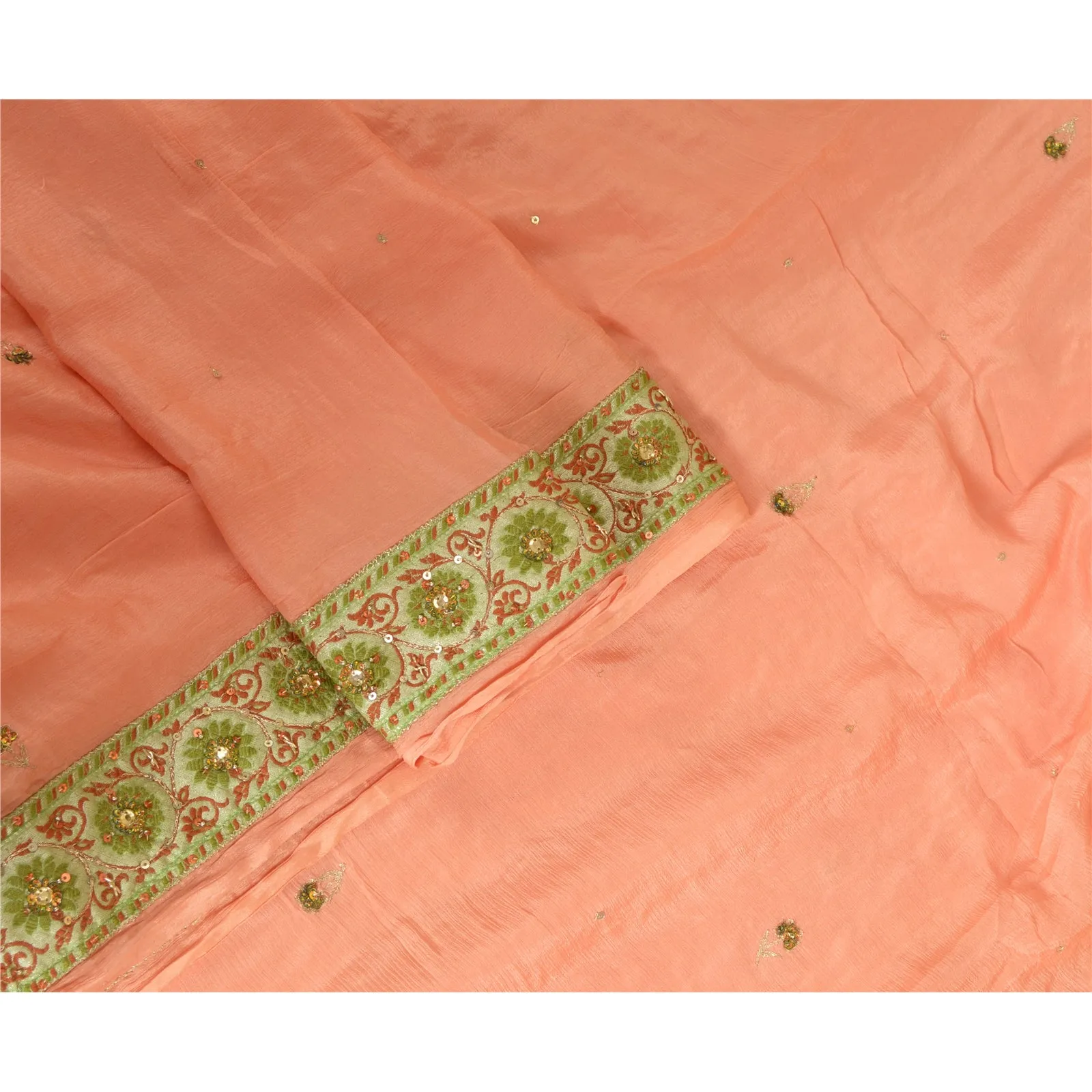 Sanskriti Vintage Long Dupatta Stole Pure Silk Peach Hand Beaded Wrap Scarves