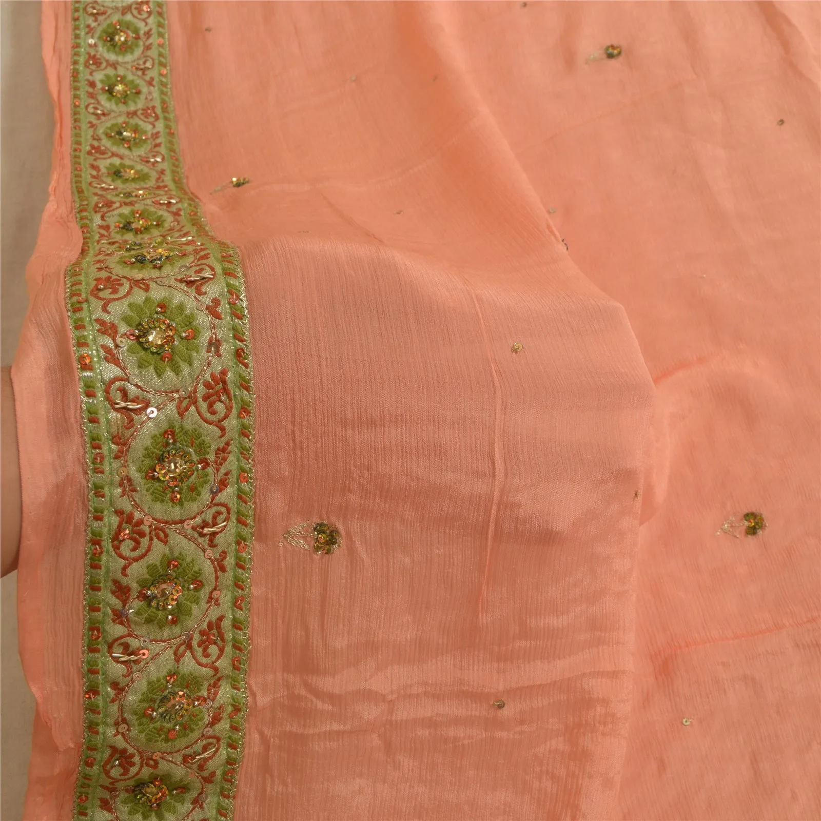 Sanskriti Vintage Long Dupatta Stole Pure Silk Peach Hand Beaded Wrap Scarves