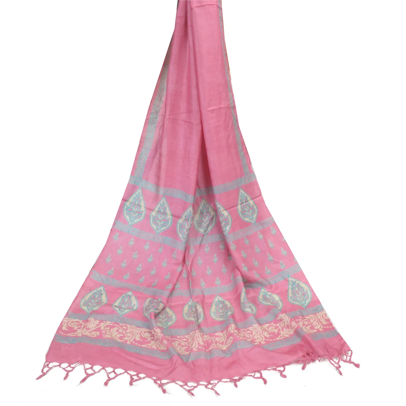 Sanskriti Vintage Long Dupatta Stole Pure Silk Pink Wrap Hijab Printed Scarves