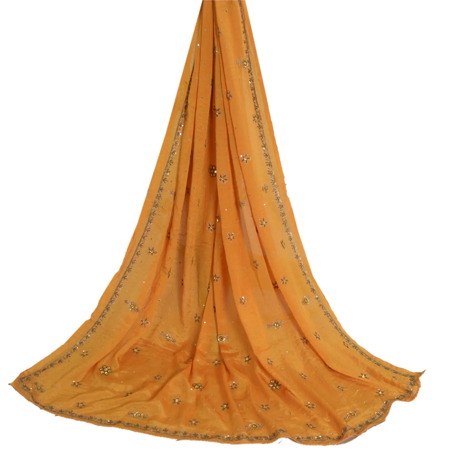 Sanskriti Vintage Long Dupatta Stole Pure Silk Saffron Hand Beaded Wrap Scarves