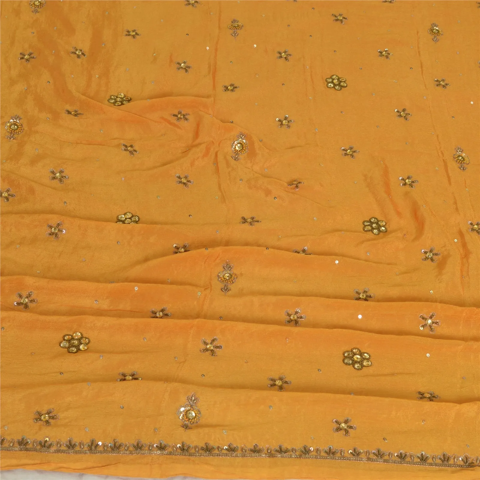 Sanskriti Vintage Long Dupatta Stole Pure Silk Saffron Hand Beaded Wrap Scarves