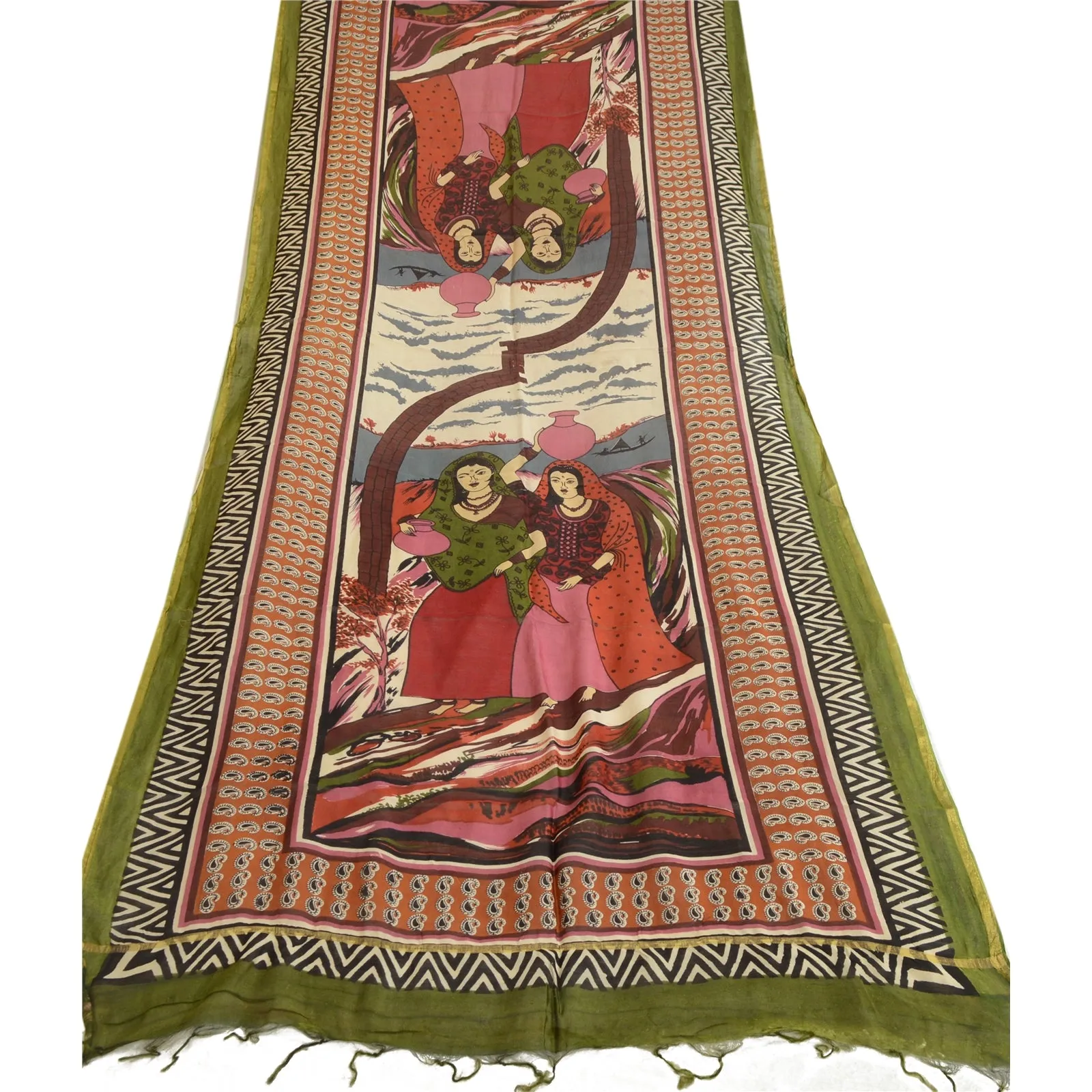 Sanskriti Vintage Long Dupatta/Stole 100% Pure Silk Scarves Printed Human Veil