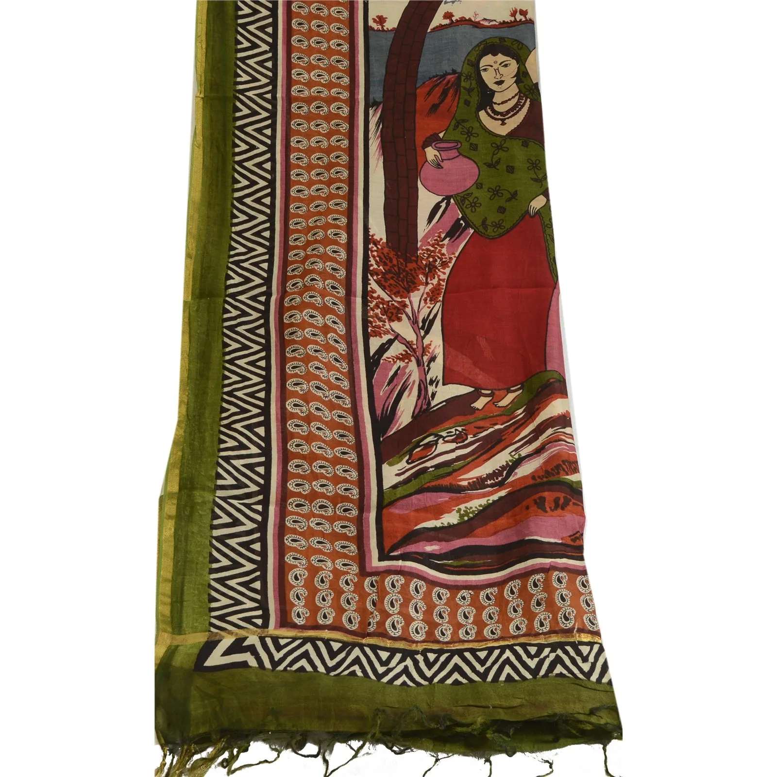 Sanskriti Vintage Long Dupatta/Stole 100% Pure Silk Scarves Printed Human Veil