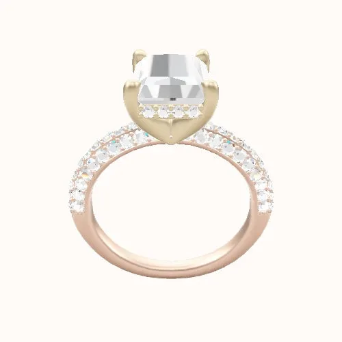 Three Row Pave Engagement Ring With V Prong with Hidden Halo Head