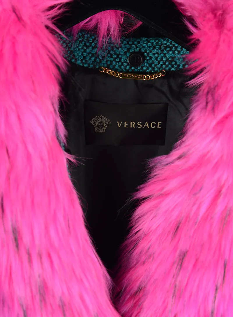 Versace Cappotto turchese con collo ecofur fucsia - Tg. 38