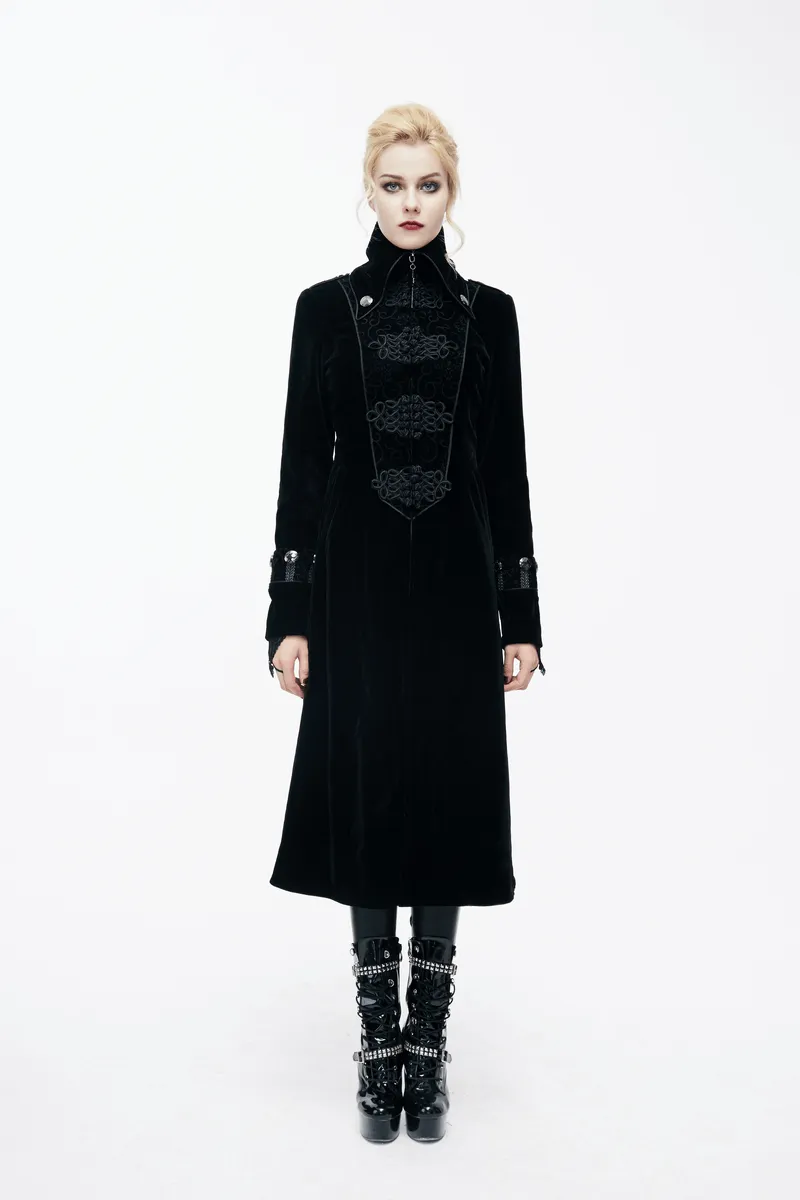 Women's Long Black Coat in Gothic Style / Stand-Collar Jacquard Outerwear